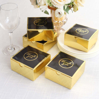 25 Pack Black Gold ’Thank You’ Print Paper Favor Boxes Cardstock Party Shower Candy Gift Boxes - 4’’x4’’x2’’ - Favor