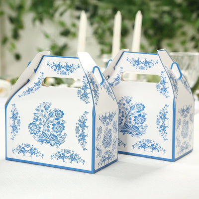 25 Pack Candy Gift Tote Gable Boxes in White Royal Blue Damask Floral Pattern Party Favor Treat Boxes - 6’’x3.5’’x7’’