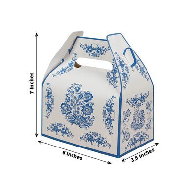 25 Pack Candy Gift Tote Gable Boxes in White Royal Blue Damask Floral Pattern Party Favor Treat Boxes - 6’’x3.5’’x7’’