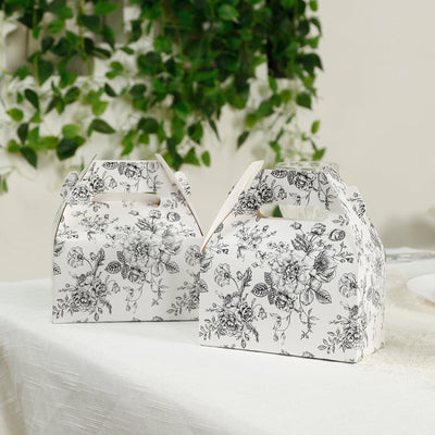 25 Pack Candy Treat Tote Boxes in French Toile Pattern - Matte Black and White Party Favor Gable Boxes Cardstock Paper