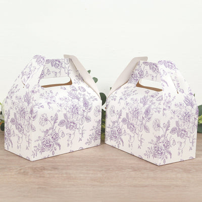 25 Pack Candy Treat Tote Boxes in French Toile Pattern - Matte Lavender and White Party Favor Gable Boxes Cardstock