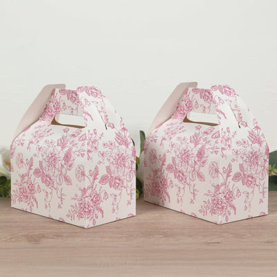 25 Pack Candy Treat Tote Boxes in French Toile Pattern - Matte Pink and White Party Favor Gable Boxes Cardstock Paper