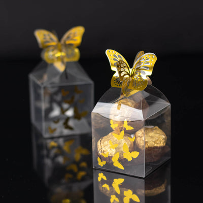 25 Pack Clear Transparent Square Party Favor Boxes with Gold Butterfly Top Clear Candy Treat Gift Boxes - 2’’x2’’x4’’