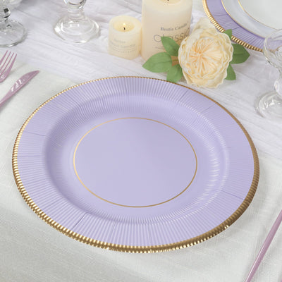25-Pack Disposable Round Charger Plates in Lavender Lilac Sunray Design with Gold Rim - 350GSM Heavy Duty Paper