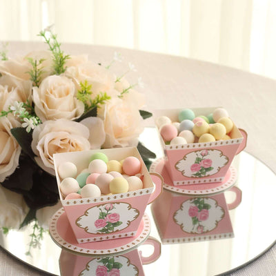 25 Pack Dusty Rose Mini Teacup and Saucer Party Favor Boxes with Rose Floral Print Tea Time Candy Boxes - 4’’x3’’