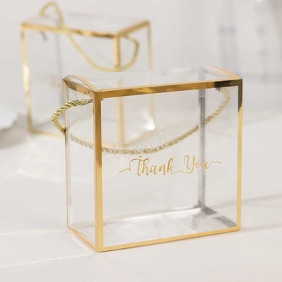 25 Pack Gold Trimmed Clear PVC Gift Boxes with Rope Handles and Thank You Print Transparent Portable Candy Favor Boxes
