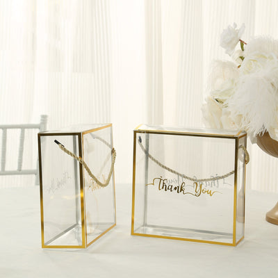 25 Pack Gold Trimmed Clear PVC Gift Boxes with Rope Handles and Thank You Print Square Transparent Portable Candy Favor