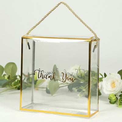 25 Pack Gold Trimmed Clear PVC Gift Boxes with Rope Handles and Thank You Print Square Transparent Portable Candy Favor
