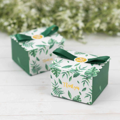 25 Pack Green Monstera Leaf Print Candy Gift Boxes with Satin Ribbon Bow Thank You Cardstock Paper Party Favor Boxes