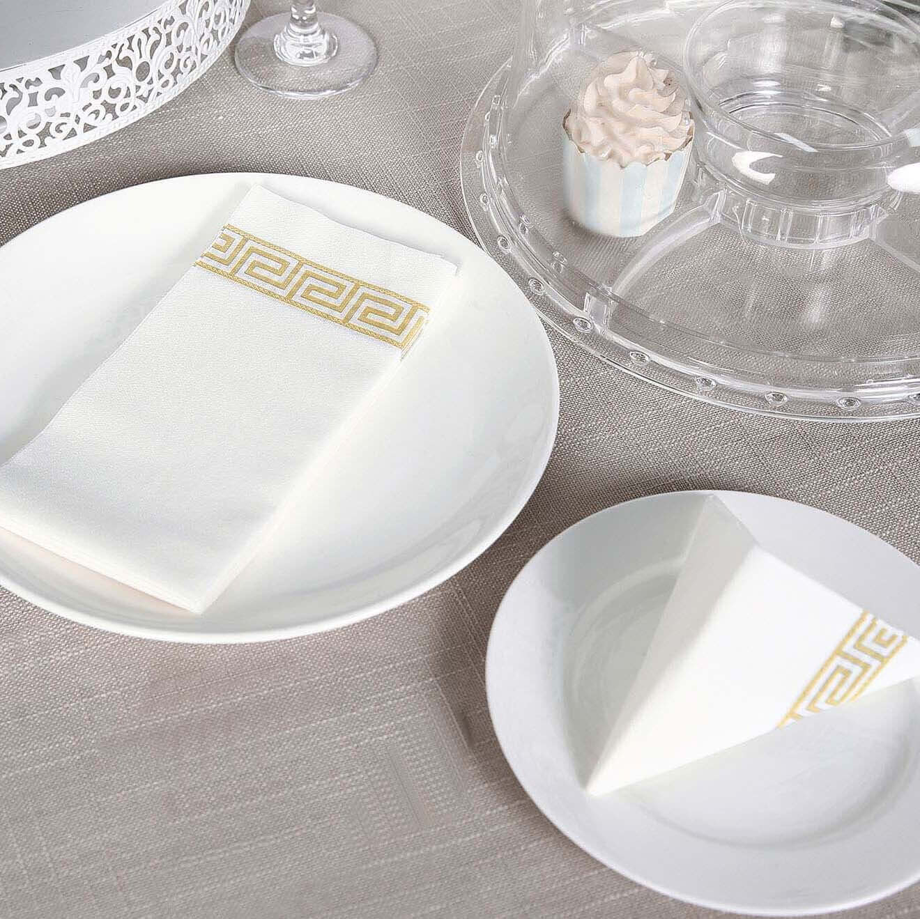 25 Pack Linen-Like Paper 8"x4" Napkins White with Gold Greek Key Design - Soft & Absorbent Airlaid Hand Towels for Exquisite Weddings & Events