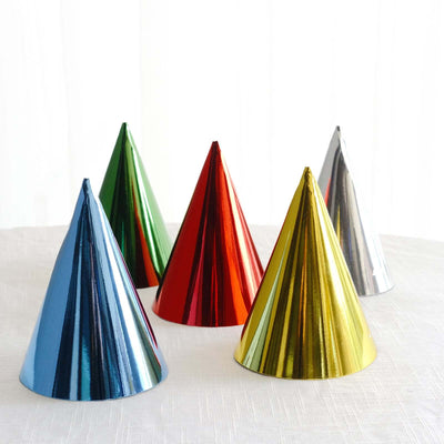 25 Pack Mixed Metallic Foil Cone Party Hats Pre-Strung Paper Birthday Hats - 5’’x7’’ - Disposables