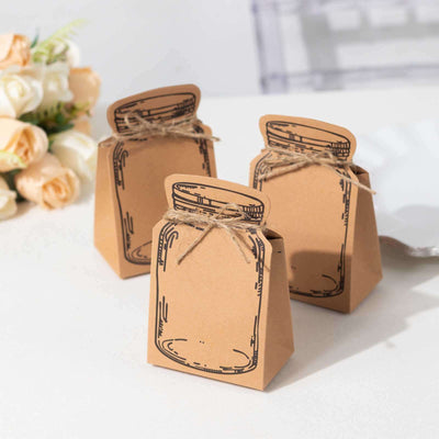 25 Pack Natural Mini Mason Jar Shaped Paper Party Favor Boxes With Jute Rope Ties Candy Gift Boxes - 5’’x3’’ - Favor