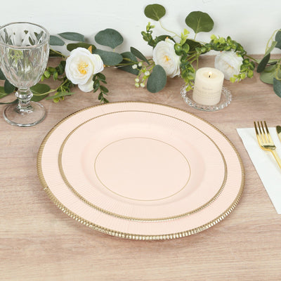 25-Pack Paper 10’’ Round Dinner Plates in Blush Sunray Design with Gold Rim - Disposable Heavy Duty 350GSM Party Plates