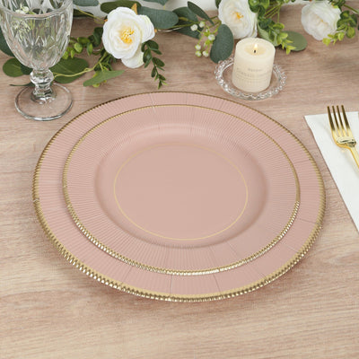 25-Pack Paper 10’’ Round Dinner Plates in Dusty Rose Sunray Design with Gold Rim - Disposable Heavy Duty 350GSM Party