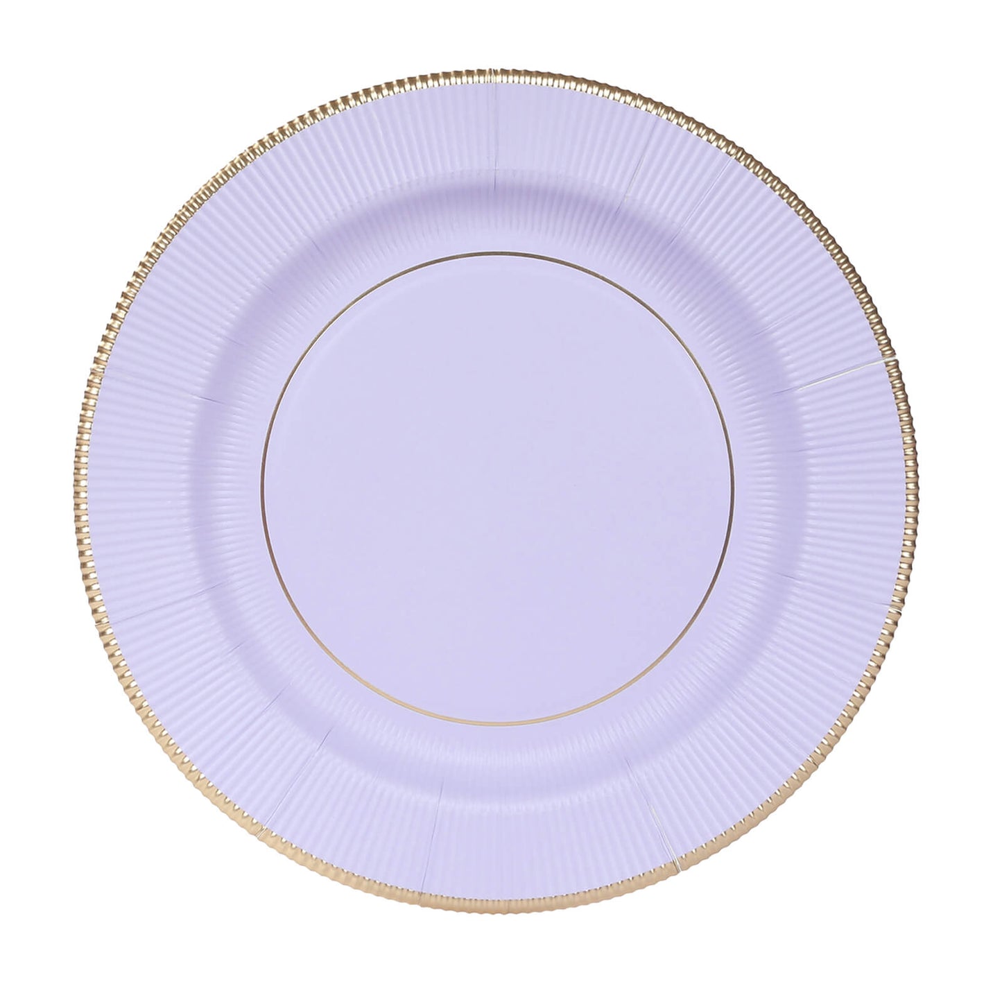 25-Pack Paper 10’’ Round Dinner Plates in Lavender Lilac Sunray Design with Gold Rim - Disposable Heavy Duty 350GSM
