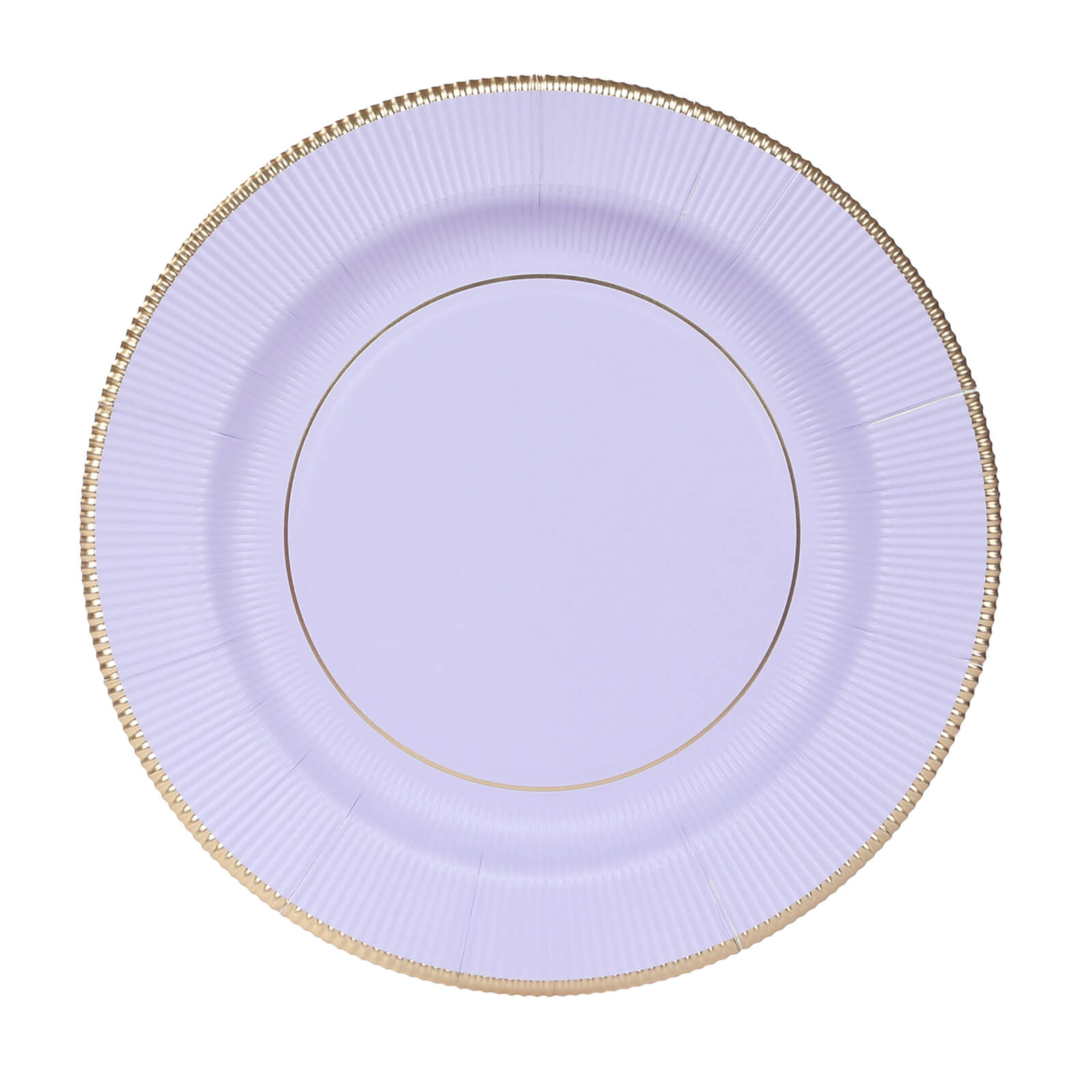 25-Pack Paper 10’’ Round Dinner Plates in Lavender Lilac Sunray Design with Gold Rim - Disposable Heavy Duty 350GSM