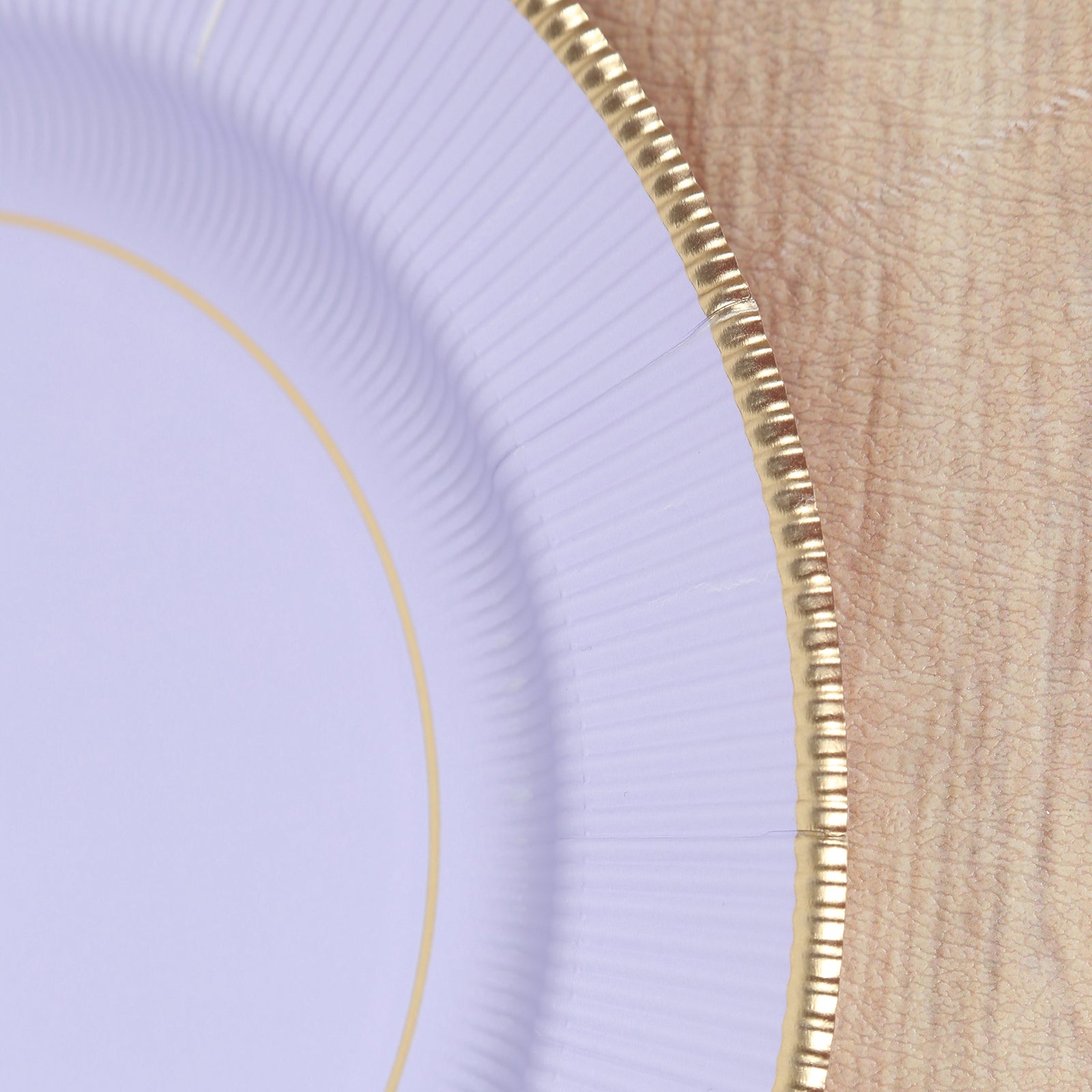 25-Pack Paper 10’’ Round Dinner Plates in Lavender Lilac Sunray Design with Gold Rim - Disposable Heavy Duty 350GSM