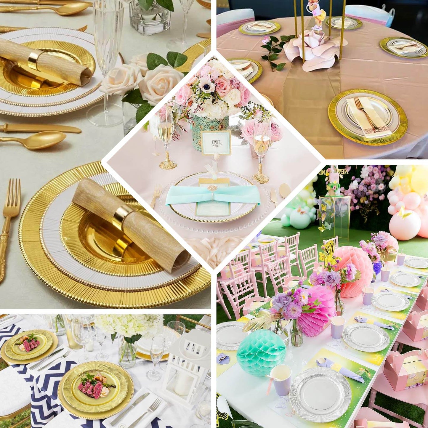 25-Pack Paper 10’’ Round Dinner Plates in Lavender Lilac Sunray Design with Gold Rim - Disposable Heavy Duty 350GSM