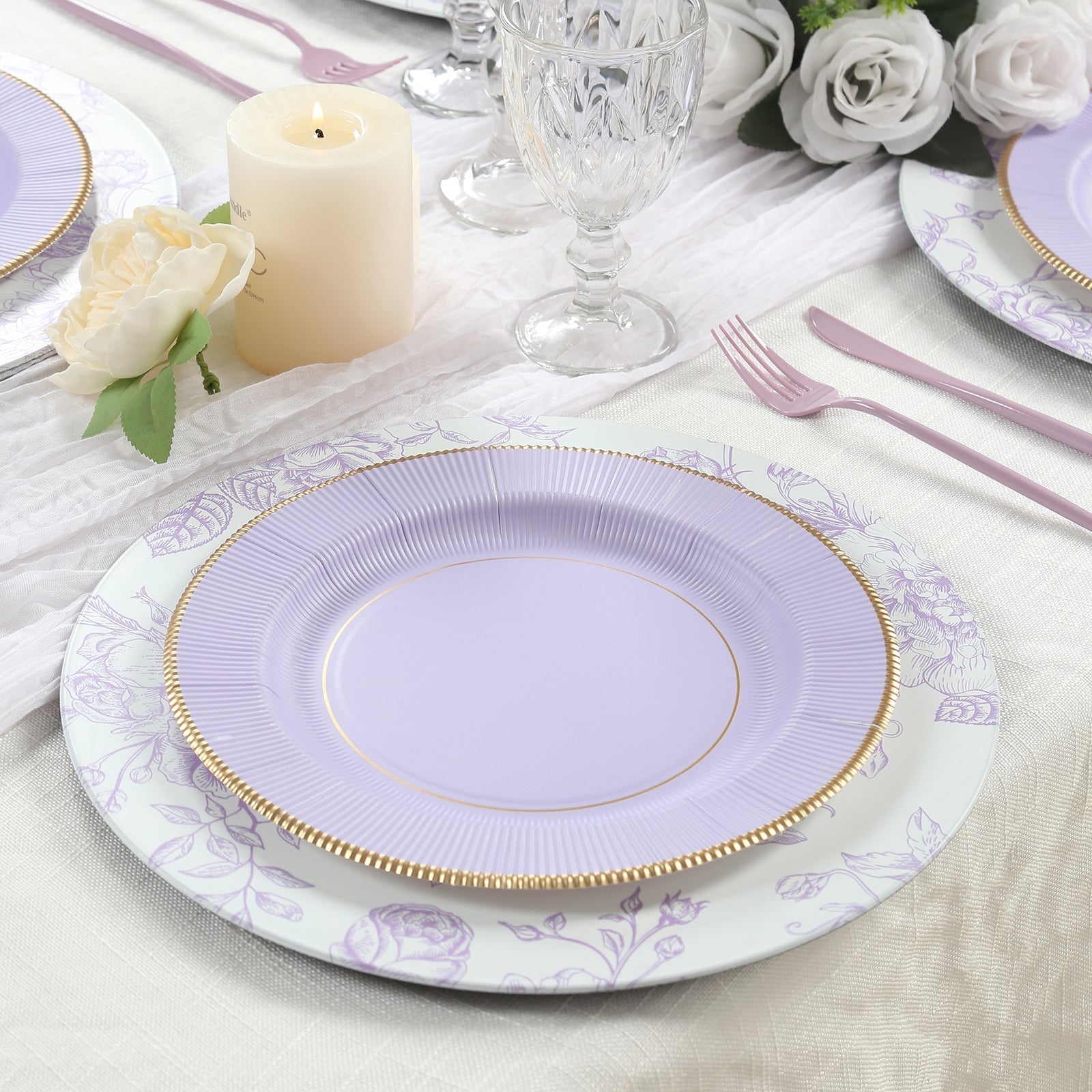 25-Pack Paper 10’’ Round Dinner Plates in Lavender Lilac Sunray Design with Gold Rim - Disposable Heavy Duty 350GSM
