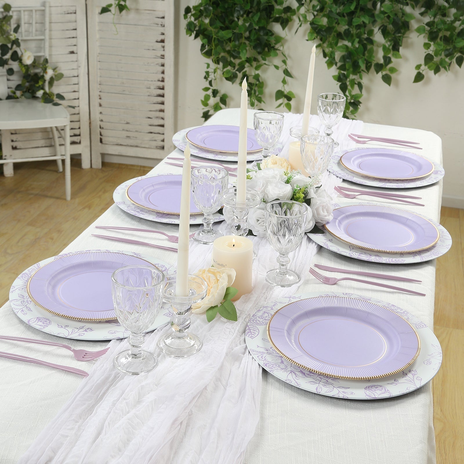 25-Pack Paper 10’’ Round Dinner Plates in Lavender Lilac Sunray Design with Gold Rim - Disposable Heavy Duty 350GSM
