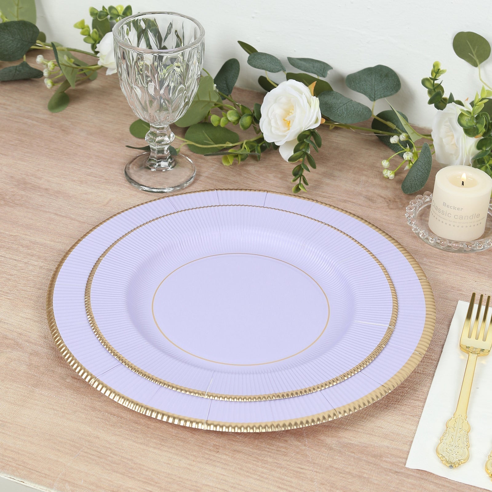 25-Pack Paper 10’’ Round Dinner Plates in Lavender Lilac Sunray Design with Gold Rim - Disposable Heavy Duty 350GSM