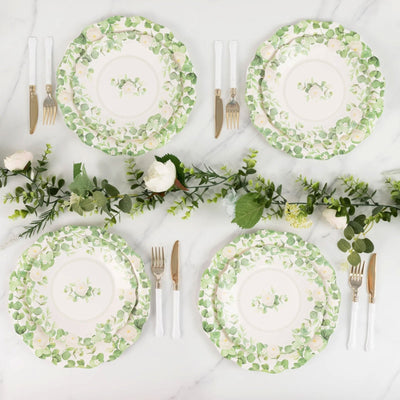 25-Pack Paper 11’’ Round Dinner Plates in White with Floral Greenery & Scalloped Edges - Disposable Party Plates