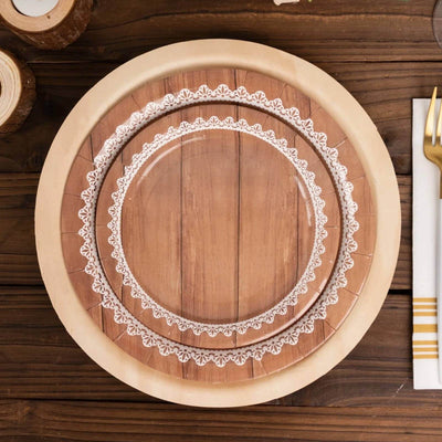 25-Pack Paper 7’’ Round Dessert Plates in Brown Wood Grain Print with White Floral Lace Rim - Disposable Appetizer