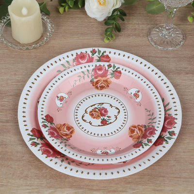 25-Pack Paper 7’’ Round Dessert Plates in Dusty Rose with Vintage Rose Flower Print - Disposable Appetizer Salad Plates