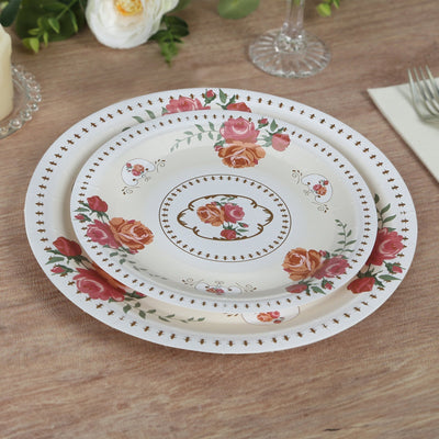 25-Pack Paper 7’’ Round Dessert Plates in Ivory with Vintage Rose Flower Print - Disposable Appetizer Salad Plates