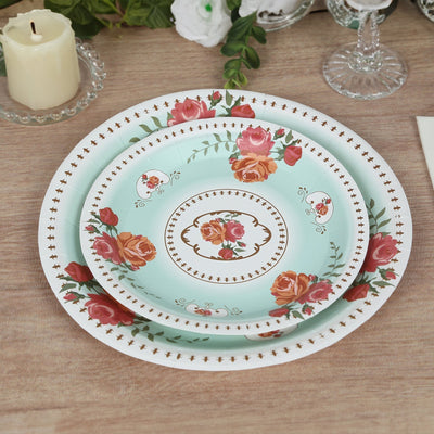 25-Pack Paper 7’’ Round Dessert Plates in Light Turquoise with Vintage Rose Flower Print - Disposable Appetizer Salad
