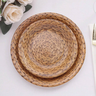25-Pack Paper 7’’ Round Dessert Plates in Natural with Woven Rattan Print - Rustic Farmhouse Disposable 300GSM