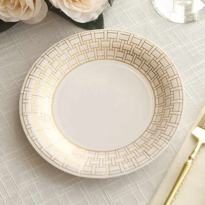 25-Pack Paper 7’’ Round Dessert Plates in White with Gold Basketweave Rim - Disposables