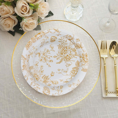 25-Pack Paper 7’’ Round Dessert Plates in White with Gold French Toile Pattern - Disposable Floral Salad Appetizer
