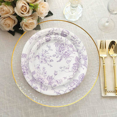 25-Pack Paper 7’’ Round Dessert Plates in White with Matte Lavender French Toile Pattern - Disposable Floral Salad