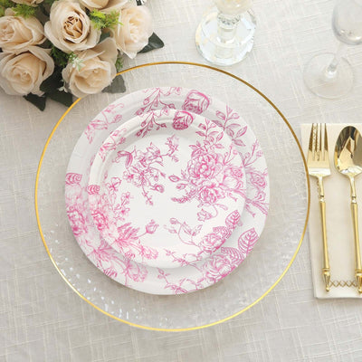 25-Pack Paper 7’’ Round Dessert Plates in White with Matte Pink French Toile Pattern - Disposable Floral Salad