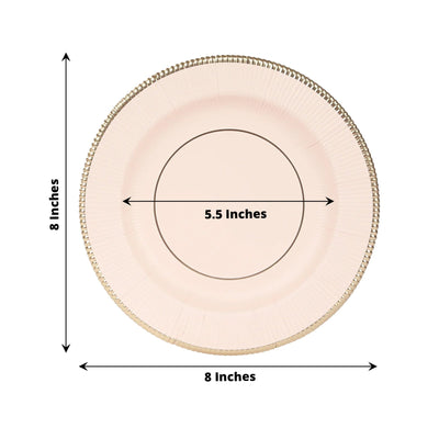 25-Pack Paper 8’’ Round Dessert Plates in Blush Sunray Design with Gold Rim - Disposable Heavy Duty 350GSM Appetizer