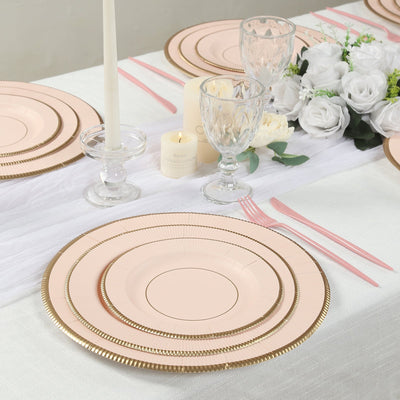 25-Pack Paper 8’’ Round Dessert Plates in Blush Sunray Design with Gold Rim - Disposable Heavy Duty 350GSM Appetizer