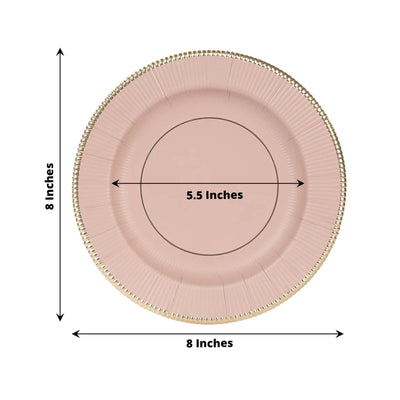 25-Pack Paper 8’’ Round Dessert Plates in Dusty Rose Sunray Design with Gold Rim - Disposable Heavy Duty 350GSM