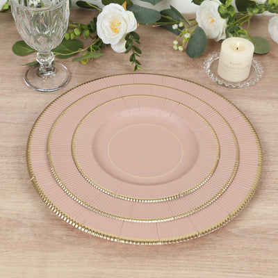 25-Pack Paper 8’’ Round Dessert Plates in Dusty Rose Sunray Design with Gold Rim - Disposable Heavy Duty 350GSM