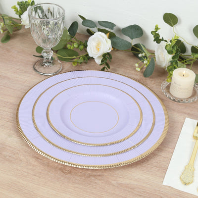 25-Pack Paper 8’’ Round Dessert Plates in Lavender Lilac Sunray Design with Gold Rim - Disposable Heavy Duty 350GSM