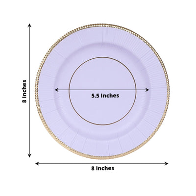 25-Pack Paper 8’’ Round Dessert Plates in Lavender Lilac Sunray Design with Gold Rim - Disposable Heavy Duty 350GSM