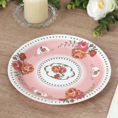 25-Pack Paper 9’’ Round Dinner Plates in Dusty Rose with Vintage Rose Flower Print - Disposable Plates - Disposables