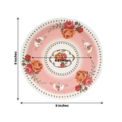 25-Pack Paper 9’’ Round Dinner Plates in Dusty Rose with Vintage Rose Flower Print - Disposable Plates - Disposables
