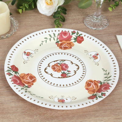 25-Pack Paper 9’’ Round Dinner Plates in Ivory with Vintage Rose Flower Print - Disposable Plates for High Tea