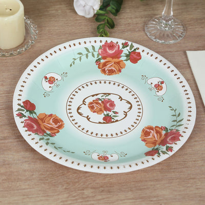 25-Pack Paper 9’’ Round Dinner Plates in Light Turquoise with Vintage Rose Flower Print - Disposables