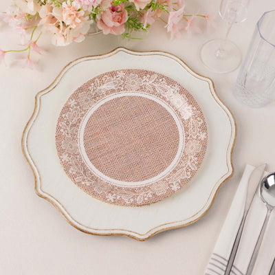 25-Pack Paper 9’’ Round Dinner Plates in Natural Burlap Print with White Floral Lace Rim - Rustic Farmhouse Inspired