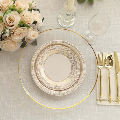 25-Pack Paper 9’’ Round Dinner Plates in White with Gold Basketweave Rim - Disposable Party Plates for Stylish SoirÃ©es