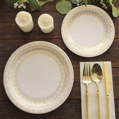25-Pack Paper 9’’ Round Dinner Plates in White with Gold Basketweave Rim - Disposable Party Plates for Stylish SoirÃ©es