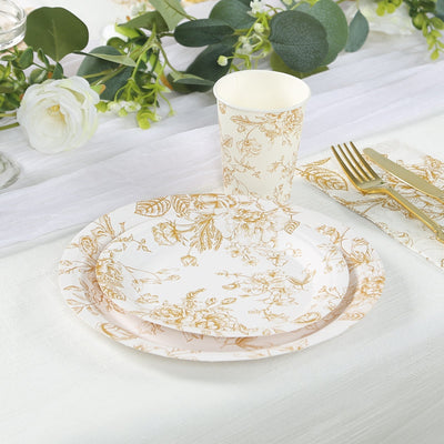 25-Pack Paper 9’’ Round Dinner Plates in White with Gold French Toile Pattern - Disposable Floral Party Plates