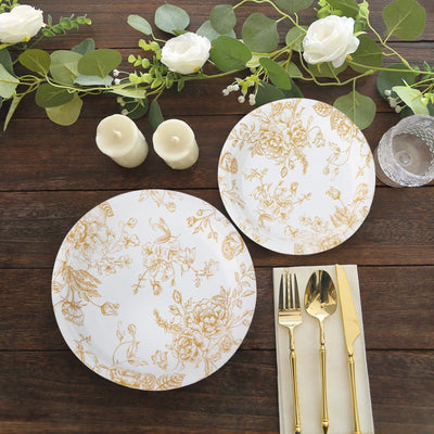25-Pack Paper 9’’ Round Dinner Plates in White with Gold French Toile Pattern - Disposable Floral Party Plates